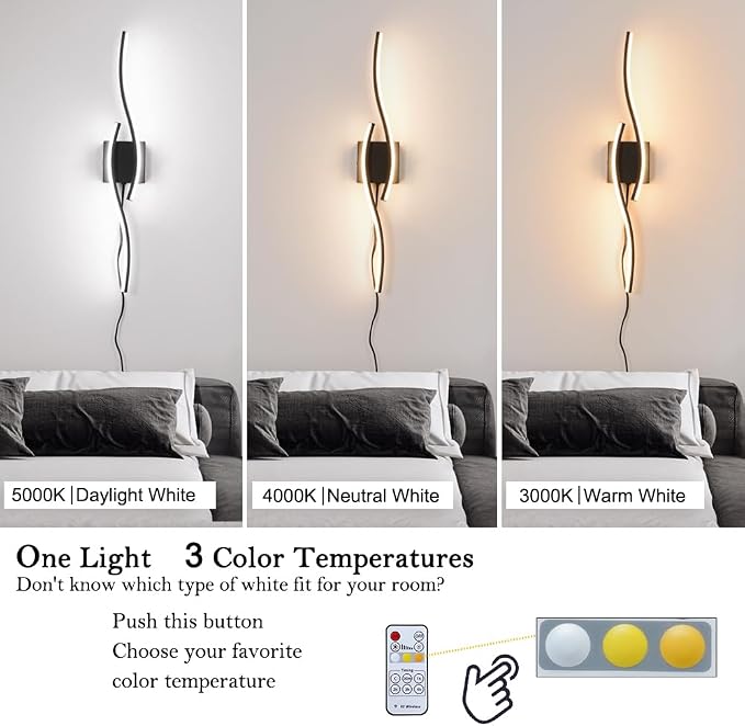 Plug in Wall Sconces Set of 2, Modern Plug in Sconce with Remote, Dimmable LED Wall Light, Wall Lamps with Plug in Cord for TV Wall Sconces, Black Sconce Lighting for Living Room, Hallway, Bedroom