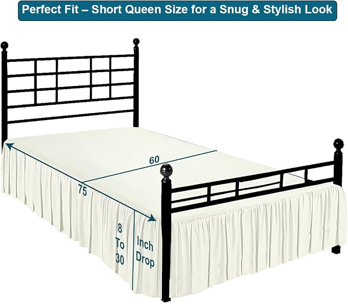 Shreem Linen Ruffled Bed Skirt with Split Corners, Gathered Style, 100% Microfiber, 12-Inch Drop, Dust Ruffle Bedskirt with Platform, Short Queen, Ivory