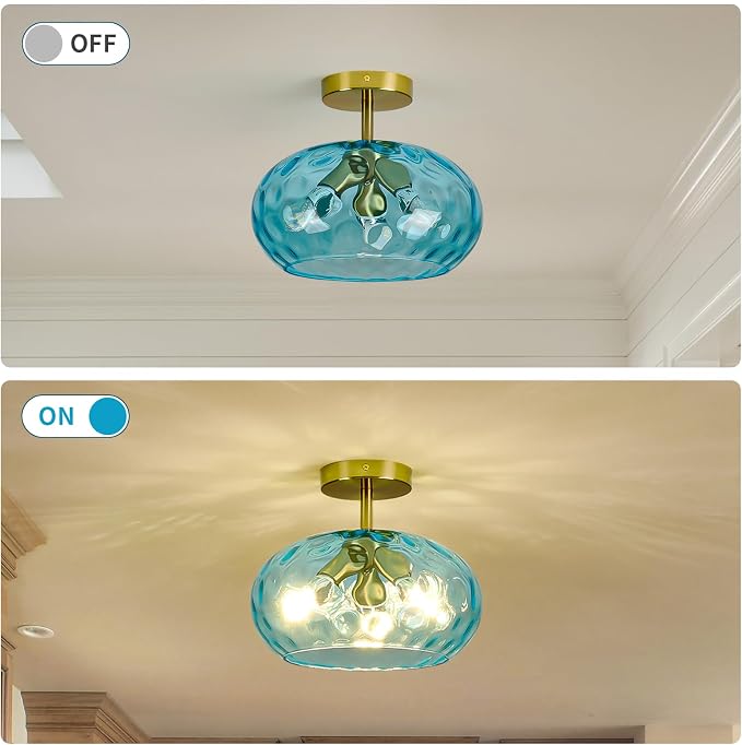 Vintage Semi Flush Mount Ceiling Light ,12″ Art Deco Blue Hammered Glass | Gold,Mid Century,Whimsical,MCM,Unique Cute Retro Light Fixtures for Girls Bedroom,Entryway Laundry Room Kitchen Closet Foyer