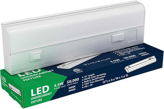 12 inch Hardwired Under Cabinet Lights, 2 Color Settings - 3000K (Soft White) and 4000K (Cool White), Under Cabinet Lighting, Dimmable Under Counter Lights, Under-Counter Light Fixtures