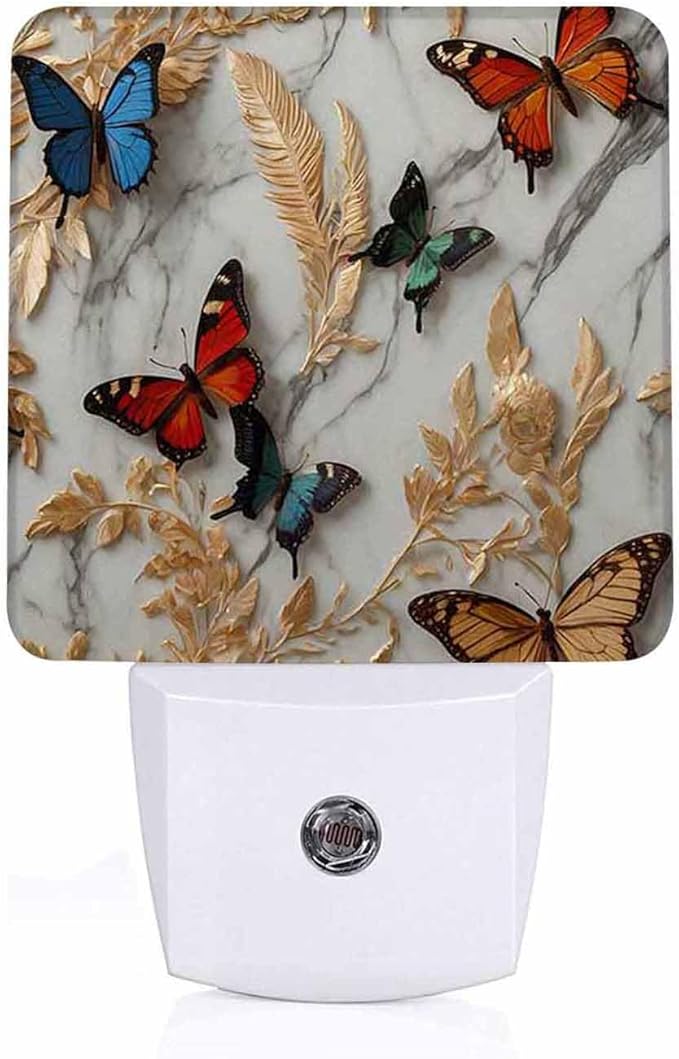 LED Night Light Lamp with Smart Sensor Dusk to Dawn Sensor,Marble with Feathers Flowers and Butterflies Night Light Daylight White,0.5W Plug-into Wall for Adults,Bedroom,Hallway,Kitchen