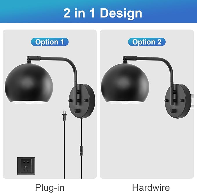 VATONI Dimmable Wall Sconces Set of 2, Plug in Wall Sconces Swing Arm Wall Lights with Plug in Cord and Dimmer On/Off Knob Switch, Black Globe Wall Light for Bedside Bedroom Bathroom(2 Bulbs Included)