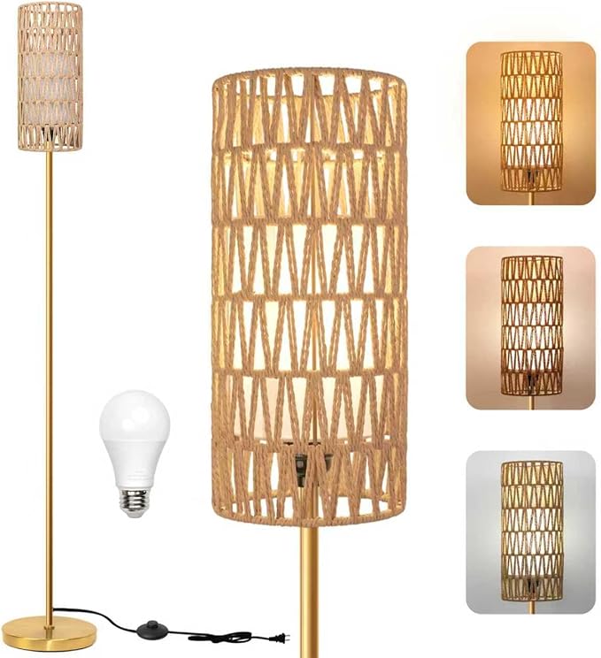 Ruiever Floor Lamp for Living Room,Farmhouse Floor lamp,Modern Standing lamp with Hand-Worked Rattan Shade (Round Rattan Shade Gold Color-3 Color Bulb)