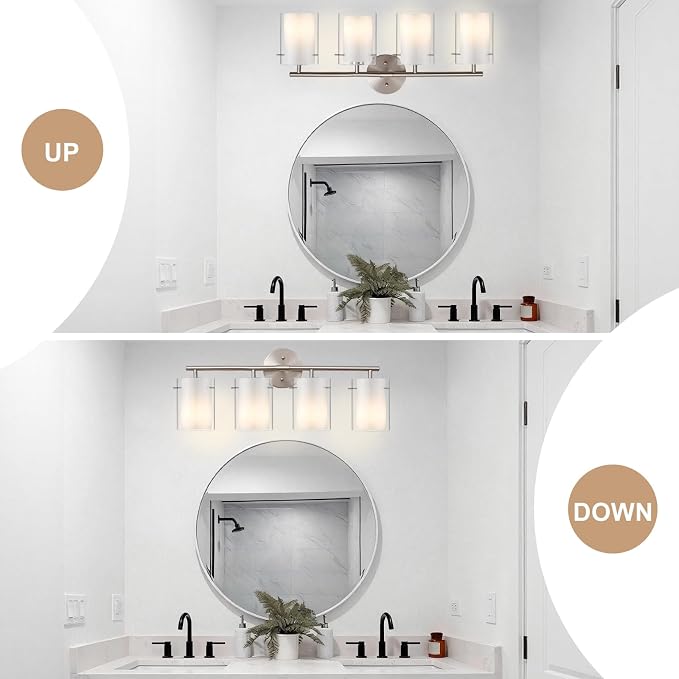 Brushed Nickel Bathroom Light Fixtures Over Mirror, 4-Light 26-Inch Vanity Lights with Dual Glass Shades, Eye-Friendly Modern Vanity Lights for Bathroom Bedroom Living Room Hallway