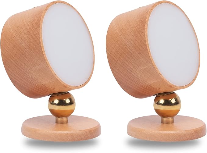Wooden Led Wall Sconce, 360° Rotatable Dimmable Wall Lights Rechargeable Wall Lights Battery Operated Magnetic Led Night Light for Reading Light and Household Lighting (Beech Wood 2pcs)