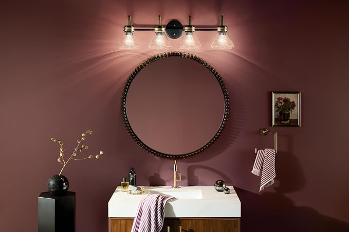 Kichler Farum 4-Light Bathroom Vanity Light, Black | Modern vanity light with clear glass for single or double mirrors (34" x 9.5"), 55156BKCLR