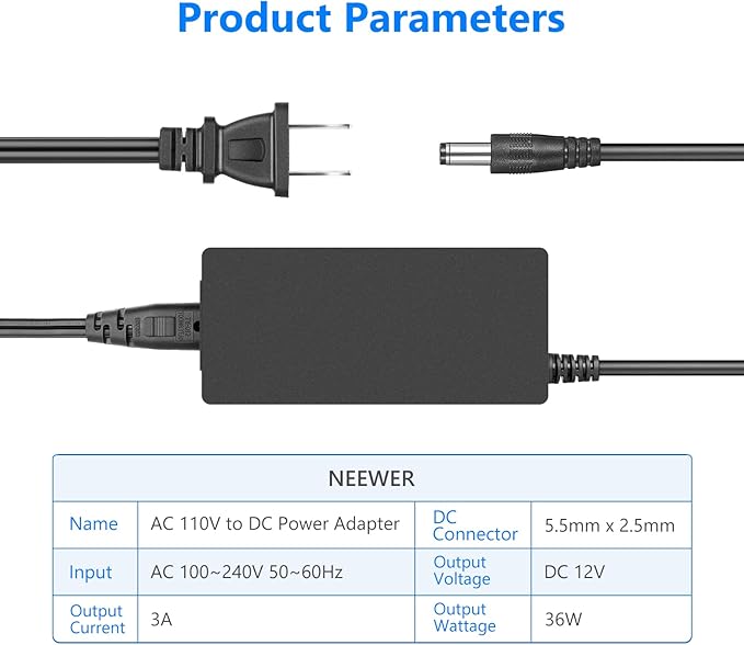 Neewer AC 100-240V to DC 12V 5A 60W Power Supply Adapter with 6.5 feet/2 Meters Power Cable Compatible with 660 960 LED Video Light and Max. 12V 5A 60W Ring Light (US Plug)