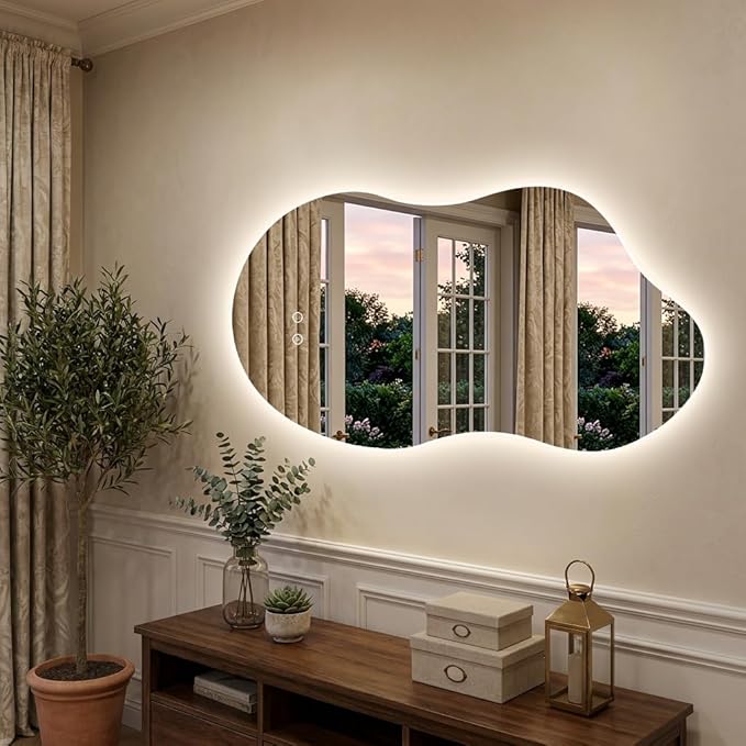Irregular Backlit Mirror with Lights 20"x36" Asymmetrical Cloud Mirror Led Bathroom Vanity Mirror for Wall Abstract (Horizontal/Vertical)