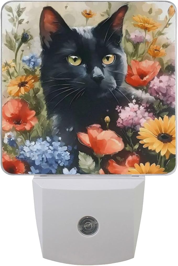Black Cat with Flower Night Light Dusk to Dawn Sensor LED Night Dimmable Nightlight Lights Plug into Wall for Living Room