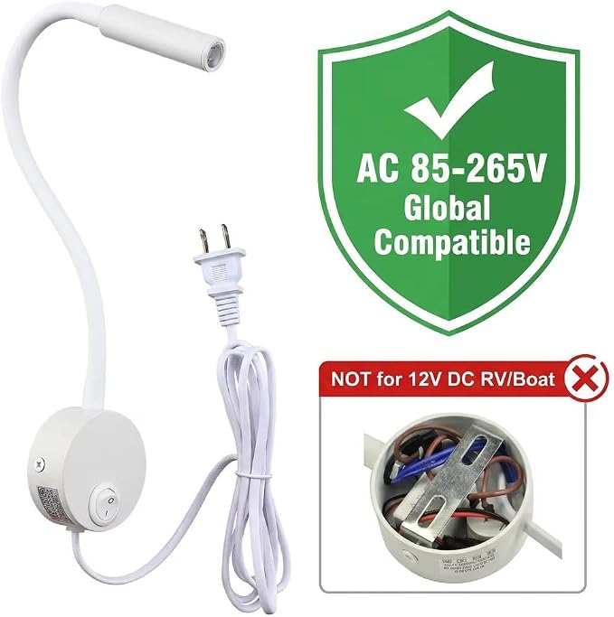 White Wall Light Bedside Reading Light, 25° Focused Beam 3000K Warm White Gooseneck Lamp for Bed Headboard, Wooden Board Mounted Sconce, 4.92ft Plug-in Cord, AC 85-265V