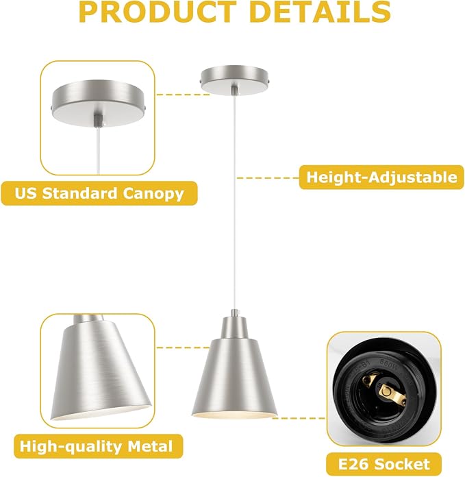 Industrial Pendant Lights, Brushed Nickel Pendant Light Fixtures, Vintage Kitchen Island Lights with Metal Shade, Farmhouse Pendant Lights for Dinning Table Bedroom Bar - Nickel, 3 Packs