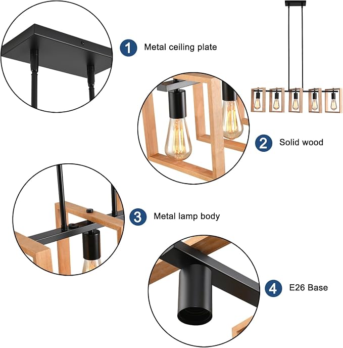 Kitchen Island Lighting Hanging for Farmhouse Linear Chandeliers,Modern Chandelier Over Table, Matte Black Rustic Wood Ceiling Pendant Light,Dining Room Hanging Light Rustic Wood