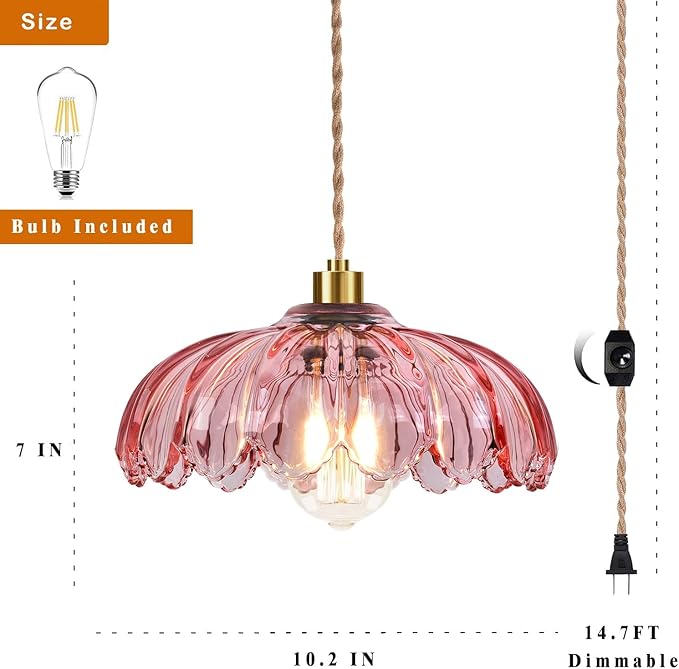 Pink Plug in Pendant Light Glass Hanging Lights with Plug in Cord Boho Hanging Lamp Gold Mid Century Modern Vintage Dimmable Flower Plug in Chandelier Ceiling Fixture for Living Room,Bedroom