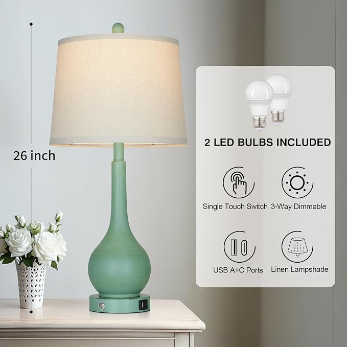 26" Farmhouse Table Lamps for Living Room Set of 2, 3-Way Dimmable Touch Control Bedside Lamp with USB A+C Ports, Retro Green Nightstand Lamps for Bedroom (2 LED Bulbs Included)