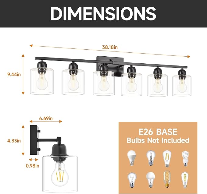 Black 6-Light Bath Vanity Lights for Mirror, Restroom Lights Fixtures with with Clear Glass Shades,Bathroom Over Sink Light Fixtures, Bathroom Light Fixtures Over Mirror