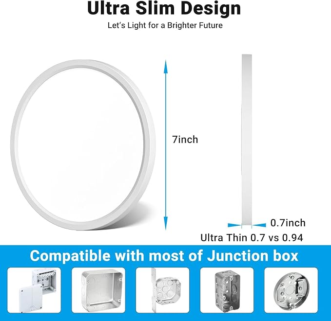 LED Flush Mount Ceiling Light,7Inch 15W,3000K/3500K/4000K/5000K/6500K 5 Color Temperatures Ceiling Light Fixture for Kitchen Porch Hallway Bedroom Bathroom and Closet,White