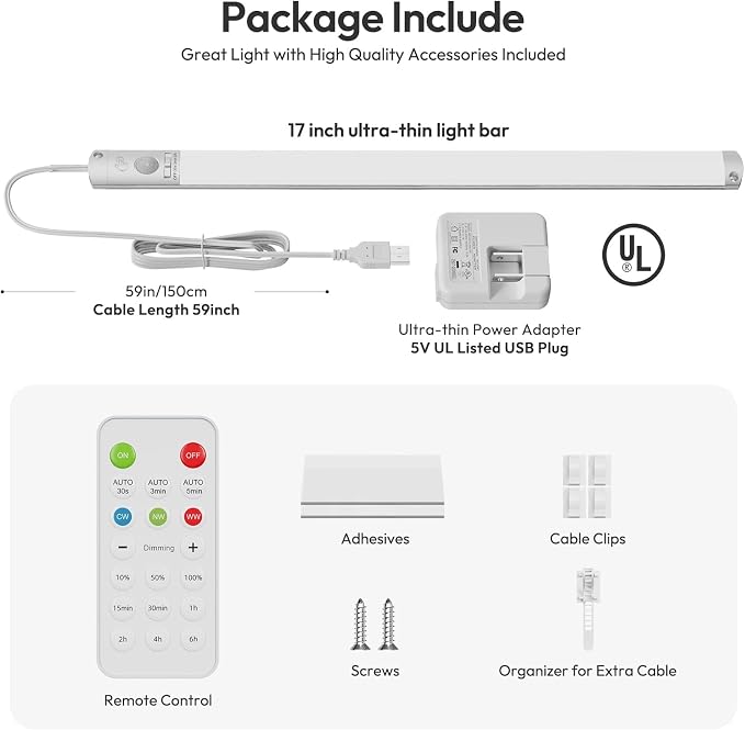 BLS 0.3" Ultra Thin Motion Sensor Under Cabinet Lights Plug in, 400LM 3 Color Dimmable LED Light Bar with Remote, USB Wired Under Counter Lighting for Kitchen Desk Shelf Workbench (No Battery), 14inch