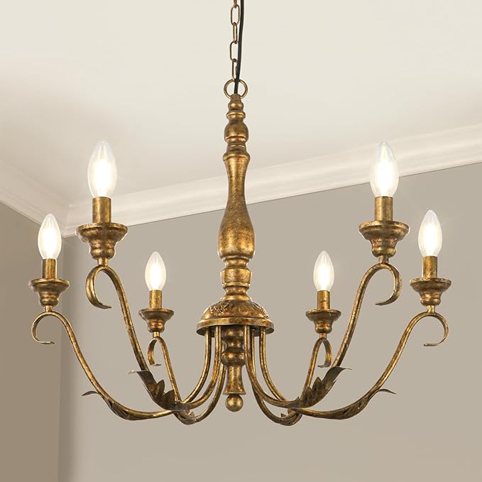 6-Light Farmhouse Chandelier, 23.62'' Vintage Brass Gold Chandeliers for Dining Room, Adjustable Rustic Metal Hanging Pendant Light Fixture for Kitchen Island Entryway Foyer Bedroom Hallway