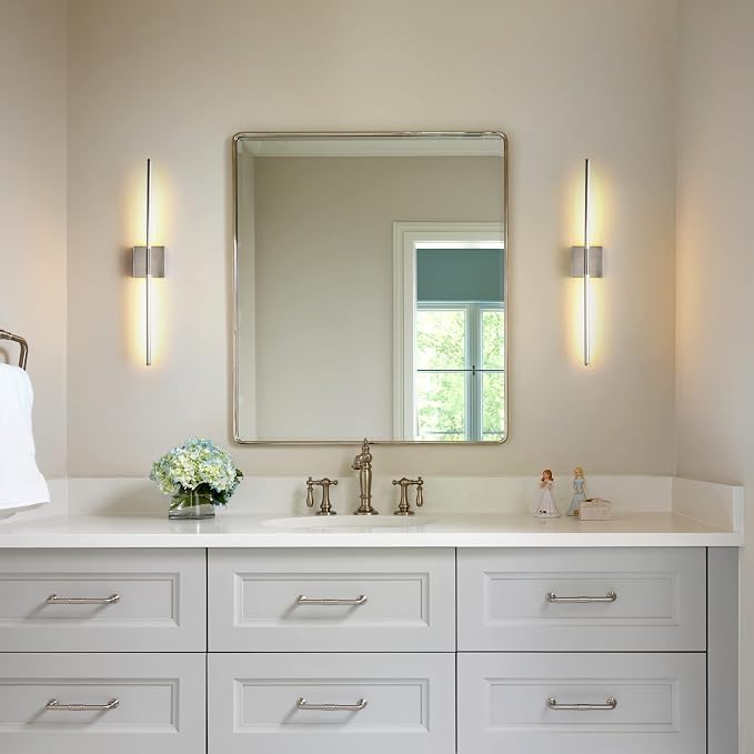 KUZZULL Modern Minimalist LED Bathroom Sconce, Brushed Nickel, 27.8" x 4.3" x 3.4"