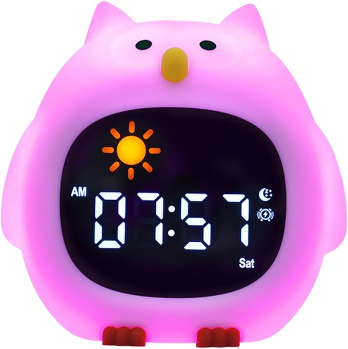 Owl Cartoon Ok to Wake Alarm Clock, White Noise Tap Night Light for Room | 6 White Noise Sounds, 8 Light Modes, Dual Alarm & Snooze, Dimmable LED, Type-C Rechargeable, 12/24 Hour Display