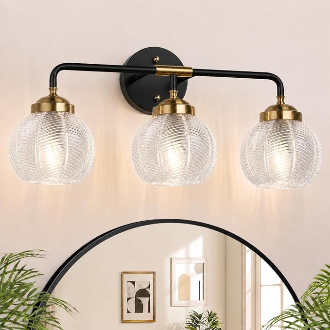MOKATNG Bathroom Light Fixtures, 3-Light Clear Vanity Lights with Unique Leaf Texture Glass Shade, Modern Matte Black and Gold Bathroom Wall Lamp for Mirror Hallway Cabinet Living Room