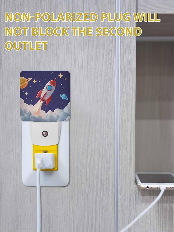 Cartoon Night Lights Plug into Wall LED Night Light Rocket Stars Space Modern Automatic Dimmable Dusk-to-Dawn Square Shaped Smart Nightlight for Bathroom/Bedroom