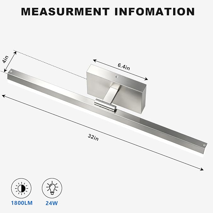 IZORRO Modern Bathroom Vanity Light 32 inch, Rotatable, 24W Dimmable Led Bathroom Light Fixture Over Mirror, Chrome Vanity Light Bar (Cool White 6000K)