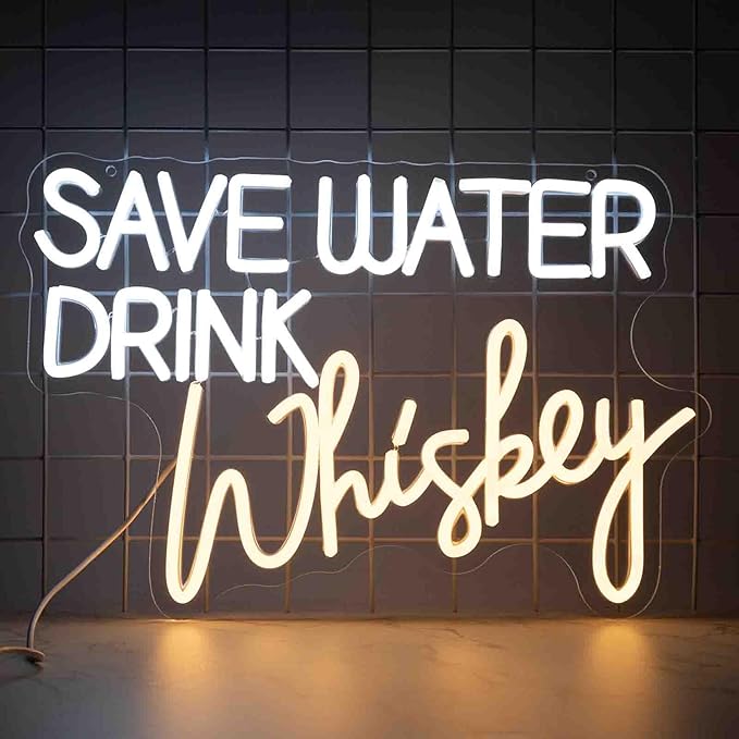 Save Water Drink Whiskey Neon Sign, Neon Signs for Wall Decor, Dimmable Led Signs for Bedroom, Light Up Signs for Home Bar Man Cave Pub Restaurant Bistro Club Birthday Party Decorations Gifts