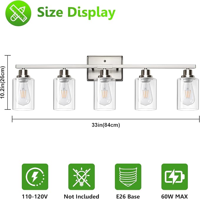 Ascher 5-Light Bathroom Light Fixtures, Modern Brushed Nickel Vanity Lights Over Mirror, Wall Lights with Clear Glass Shades for Hallway, Cabinet, Porch, Bedroom