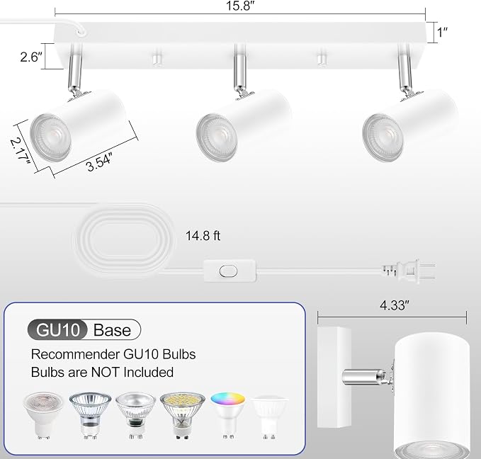 Plug in Track Lighting, 3 Light Ceiling Lighting Kit, White 3 Way Modern Wall Spotlight, 15 FT Cord,Flexibly Rotatable Complete Light Kits for Kitchen Cabinet Gallery Bar Living Room（No Bulb）