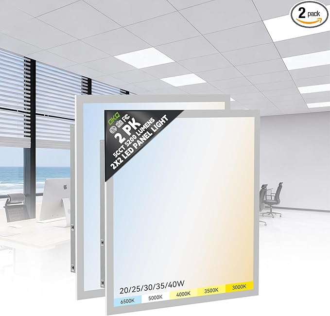 OKQ 2x2 LED Flat Panel Light - Selectable 5 CCT 3000K-6500K & 5 Wattage 20-40W 6000Lm 0-10V Dimmable 2x2 led Drop Ceiling Lights 120-277V for Commercial and Home 2Pack ETL Listed
