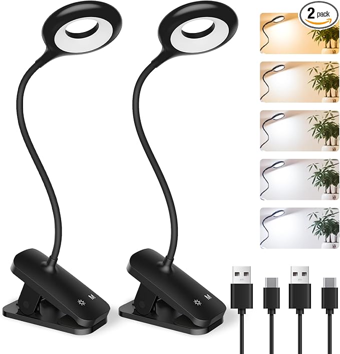 CUHIOY 2Pack Rechargeable Clip on Reading Light for Bed Headboard, Black | 5 Colors 5 Brightness Bed Light, Battery Flexible Neck Desk Lamp with Strong Clamp, Flicker-Free Night Light, Kids Bunk Bed