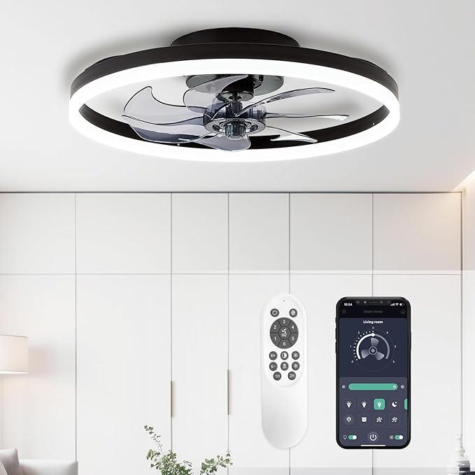 20'' Modern Low Profile Ceiling Fan with Light, Bedroom LED Ceiling Fan with Remote Control, Bladeless Flush Mount Black Fan Lights Ceiling Fixtures for Living Room,Small Room