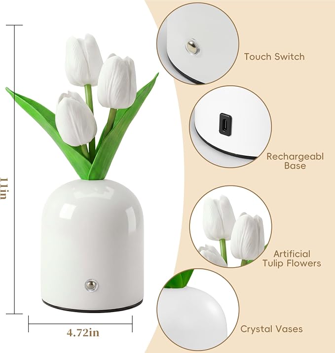 Birthday Gifts for Women/Mom Table Lamp, 3 Color Crystal Flower Bedside Lamps Infinitely Dimming with USB Charge Small Night Light,Nightstand Touch Lamp for Bedroom (S-White)