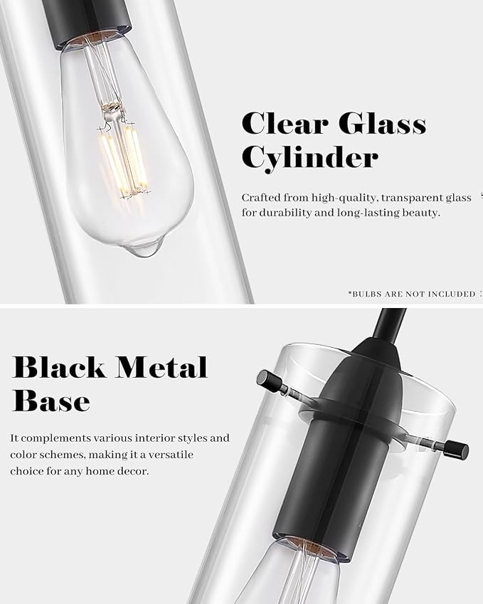 Black Pendant Lights Kitchen Island 3 Packs, Clear Glass Pendant Light, Modern Glass Pendant Light Fixture, Industrial Pendant Lights for Kitchen Island, Living Room, Bedroom, Dining Room