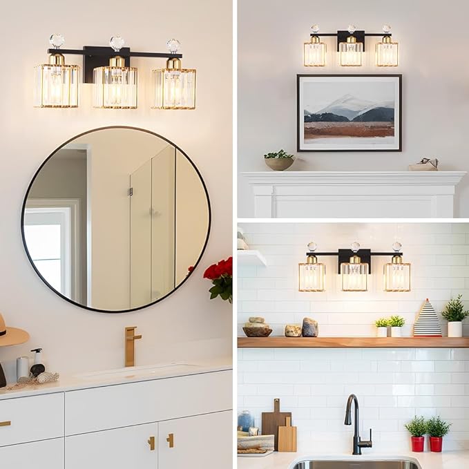 Bathroom Vanity Lights Over Mirror - Easy Installation with Clear Guide, 3-Light Shadow-Free Design, Black and Gold Crystal Finish - for Modern Home Bathroom Lighting Fixtures in DIY Projects