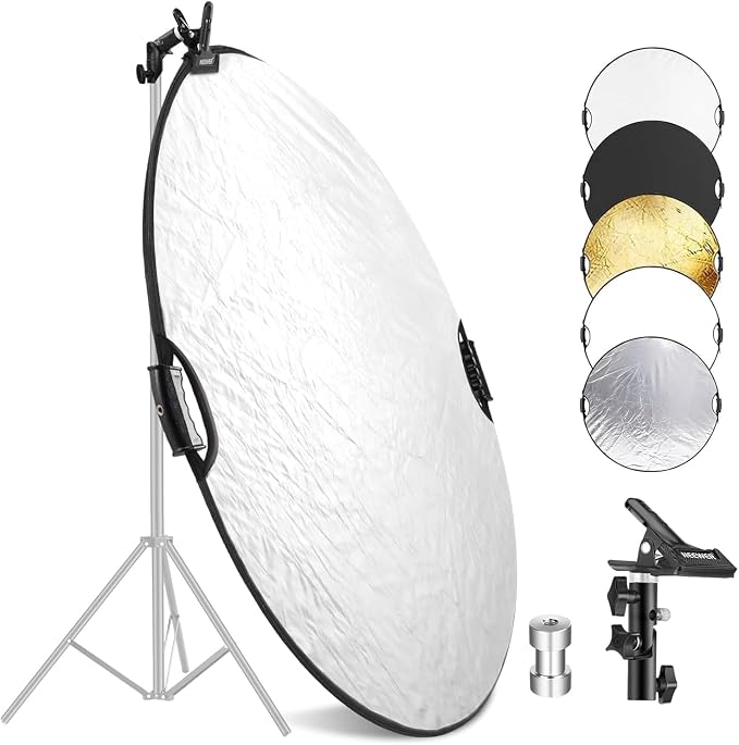 NEEWER 22"/56cm Light Reflector with Clamp & Hand Grips, 5 in 1 Collapsible Multi Disc Photography Reflector Translucent/Silver/Gold/White/Black with 3/8" Thread for Studio Outdoor Lighting, RF-56II | Polyester, Multi Disc Photography Diffuser, Translu...