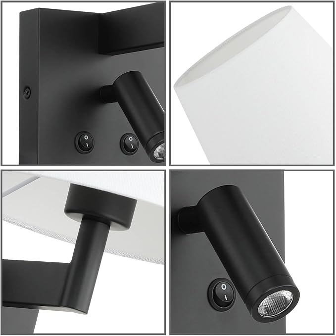 XiNBEi Lighting Wall Sconce LED Reading Light for Bedroom, Black, Hardwired | Linen Fabric Shade, On/Off Switch, Bedside Wall Lighting Fixture, Wall Mounted Lamp, For Living Room Study Hotel Office