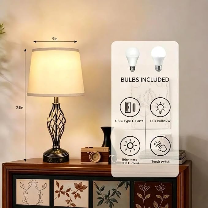 Ruiever Touch Table Lamps Set of 2, nightstand lamp with USB Ports Bedside 3 Way Touch dimmer Desk lamp for Living Room Bedroom,Gold and Black Brushed Spiral Cage Warm White Dimmer LED Bulb Included.