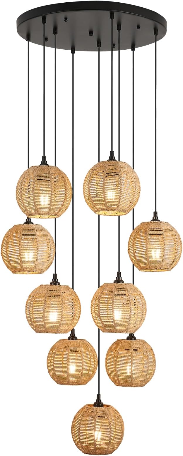 Round 9 Light Boho Pendant Light Rattan Hanging Lamp | Hand Woven Wicker Small Chandelier Hanging Lights Fixture for Bedroom Kitchen Hallway Foyer