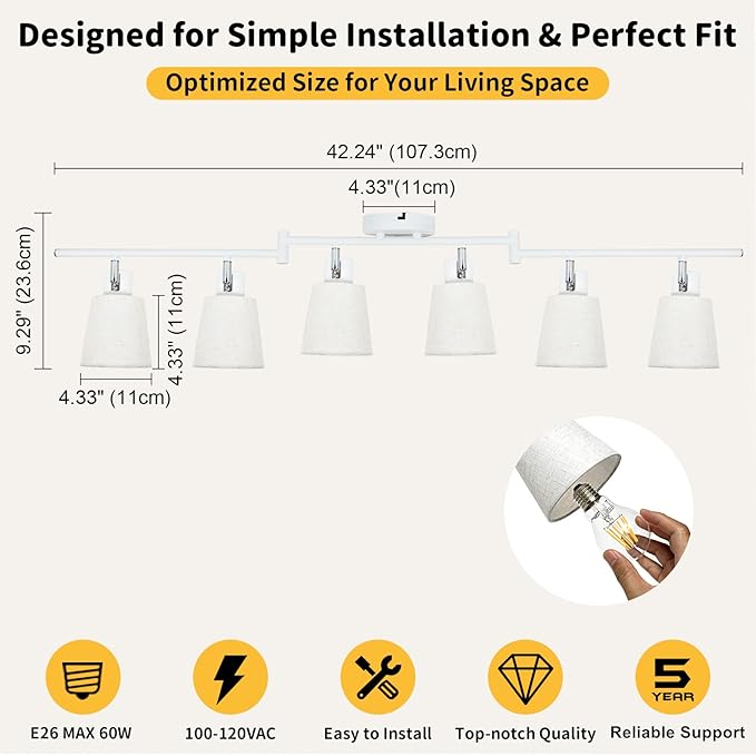 HiBay 6-Light Track Lighting Fixture Ceiling, Directional Modern White Fabric Track Spotlight Flush Mount for Dining Room, Bedroom, Living Room, E26 Base (Bulbs Not Included)