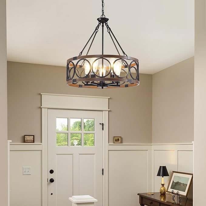20.5'' Farmhouse Chandelier, 5-Light Walnut Wood Grain Dining Room Light Fixture Over Table, Rustic Industrial Drum Hanging Pendant Lights Fixture for Kitchen Island Bedroom Hallway Foyer Entryway