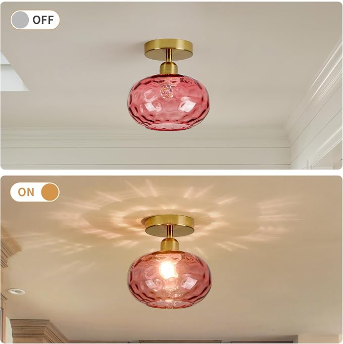 Luafac 7.9″ Small Semi Flush Mount Ceiling Light,Red Hallway Light Fixtures | Art Deco Hammered Glass,Whimsical,Vintage Gold Mid Century MCM Lighting for Closet Cottage Entryway Laundry Room Foyer