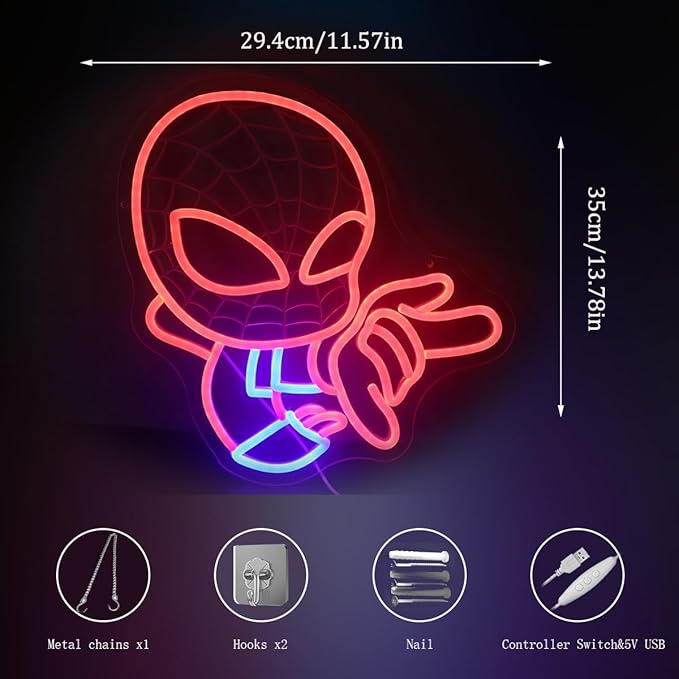 LED Spider Light Wall Art for Game Room, Dorm, Kids Room or Comic Fan Decor, Dimmable USB, Awesome Gift for Gamers Teens, Boys, Kids