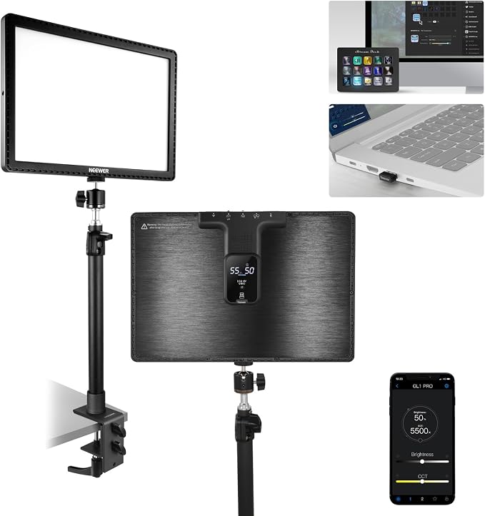 NEEWER 15.5" LED Streaming Key Light, Clamp on Desk Panel Video Lighting for Gaming Recording Zoom Call, CRI97+, 2.4G PC/Mac iOS/Android APP Control, Compatible with Elgato Stream Deck, GL1 PRO Black