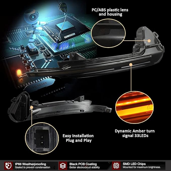 D-Lumina Sequential LED Turn Signal Side Mirror Lights Smoked Lens Compatible with 2013-2018 Audi A6 C7 4G S6, Dynamic Blinker Side Mirror Indicator Light Replace Factory Amber Reflector