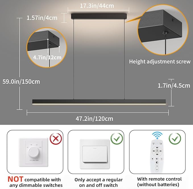 Modern Ceiling Pendant Light,47in LED Black Linear Ceiling Chandelier Light Dining Room,Living Room,Warm & Cool, Neutral Light,Aluminum Island Lighting Hanging Pendant Light for Kitchen