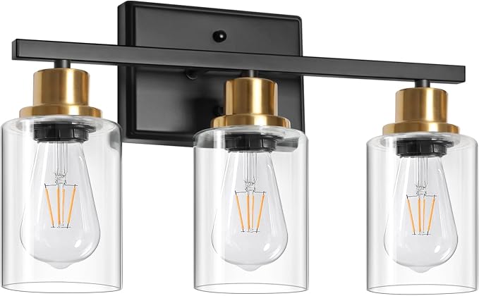 Ascher Bathroom Vanity Light Fixtures, 3 Light Wall Sconces Lighting with Clear Glass Shade, Black and Gold Wall Lights for Mirror, Kitchen, Living Room, Hallway, E26 Base (Bulbs Not Included)