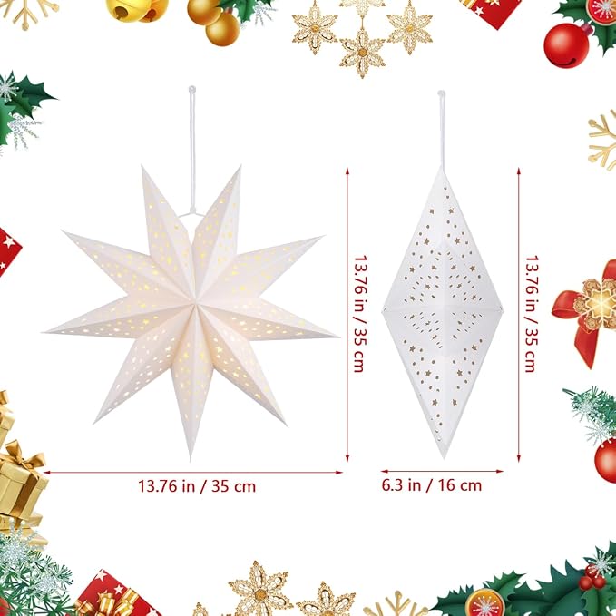 OSALADI 3Pcs Paper Star Lantern Lampshade 9 Pointed Star Hanging Decorations for Christmas New Year Wedding Party Holiday Birthday, 13.78 x 13.78 x 5.12 Inch