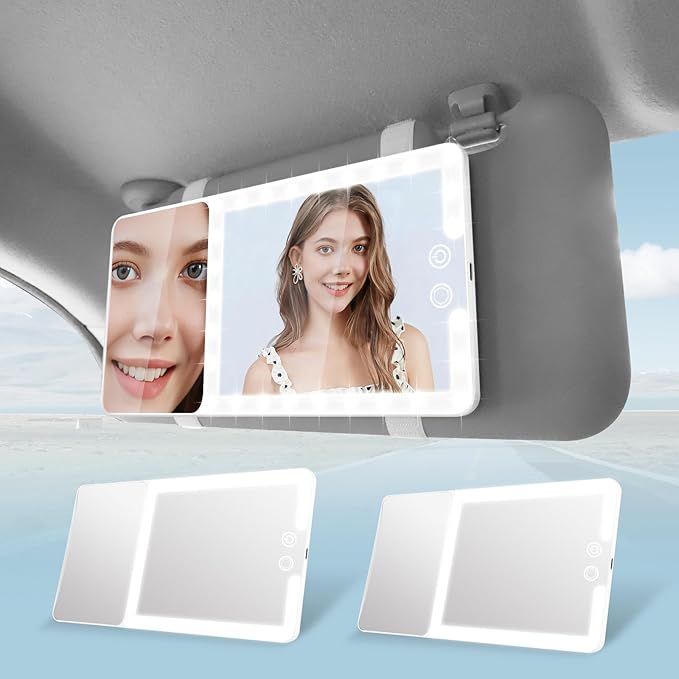 2pcs Car Visor Mirror with Lights & 20X Magnification, LED Lighted Vanity Makeup Mirror for Women, Universal Fit for Car SUV Truck, Easy to Install, Rechargeable 3 Color Modes & Adjustable Brightness